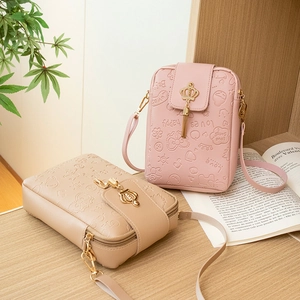 Pink and khaki embossed PU leather crossbody cell phone bags with crown tassel hardware