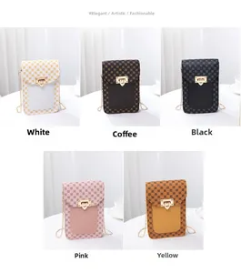 Multiple mini printed handbags with golden twist locks and metal chain straps in five colors