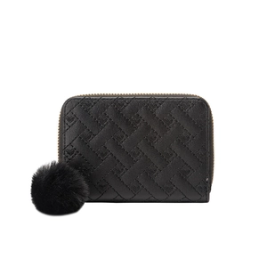 Black woven texture wallet for women with soft fur ball keychain and golden zipper