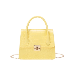 Yellow faux crocodile leather handbag with gold square twist lock and chain strap