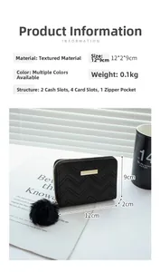 Detail showing women's mini wallet dimensions 12x2x9cm with pompom and quilted texture