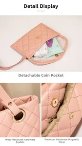 Detail view of pink quilted tote bag with detachable coin purse and gold magnetic buckle