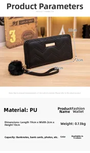 Detailed view of black PU leather long wallet with wave stitching and plush ball charm
