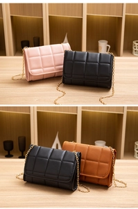 Quilted mini square bags in pink, black, and brown with golden metal chain straps