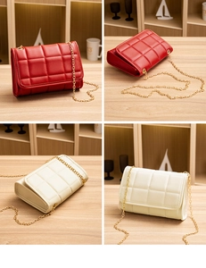 Detail shots of quilted faux leather chain bags in bright red and cream white colors