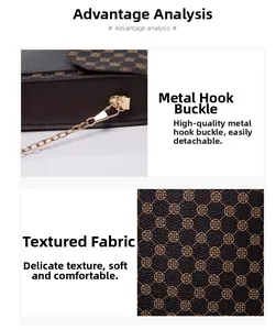 Close-up of golden hardware clasp and textured synthetic leather with clover pattern