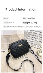 Detail of black quilted PU leather crossbody bag featuring wide letter printed strap