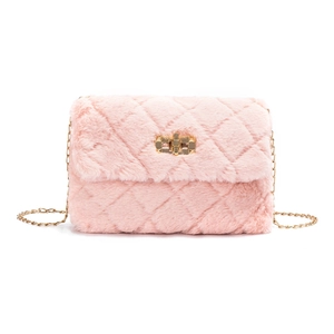 Pink faux fur crossbody bag with diamond quilting and gold chain strap in studio shot