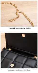 Detail of the black quilted PU leather bag featuring gold metal chain and magnetic buckle