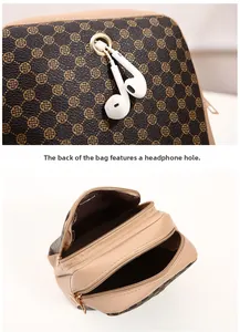 Detail of the back headphone port and multi-layer zipper compartments on the crossbody bag