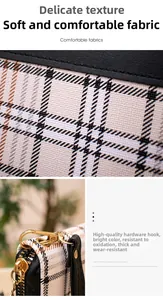 Detail of plaid fabric texture and premium golden metal hardware on a small purse