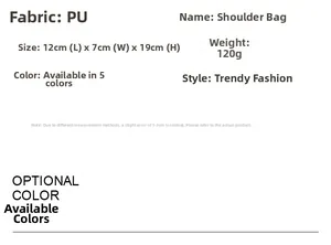 Detailed specifications of the PU leather mini shoulder bag showing size 12x7x19cm and weight