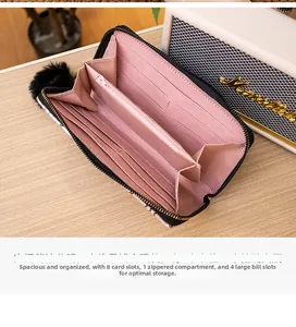 Interior detail of long wallet with 8 card slots, zipper pocket and 4 cash compartments