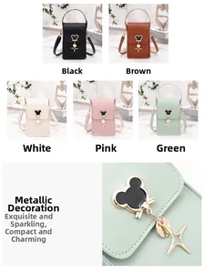 Detail of five mini crossbody bags with cute mouse metal pendant in multiple colors