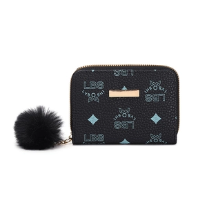 Short black floral zip wallet with plush pompom and blue monogram pattern for women