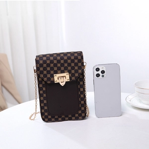 Retro brown printed mini crossbody cell phone bag with gold chain and metal buckle