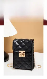 Detail of black quilted leather mini bag with gold metal clasp and chain shoulder strap