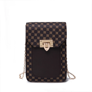 Vintage printed mini crossbody phone bag with dark brown pattern and gold chain strap