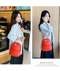 Red quilted leather mini backpack for women showing two styling ways in casual settings