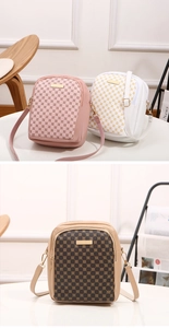 Detail of vintage crossbody phone bags with geometric print and gold metal hardware logo