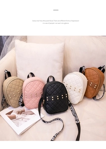 Mini quilted backpacks with golden rivets and contrast letter straps in multiple colors