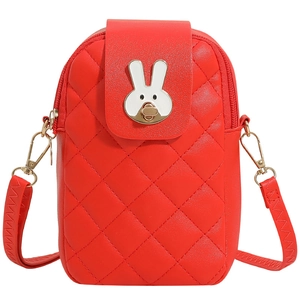 Red quilted crossbody phone bag with cute white bunny clasp on a white background