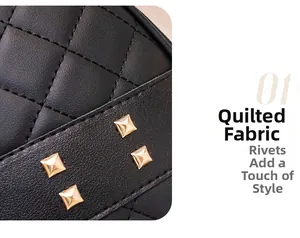 Detailed macro view of black quilted fabric with elegant gold square stud embellishments