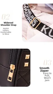 Detail of wide woven strap with FASHION lettering and gold rivets on quilted bag