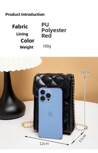 Quilted black camera bag with gold chain strap showing size compared to a smartphone