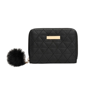 Quilted black mini purse with golden plaque and stylish matching faux fur pom-pom charm