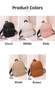 Detail display of mini quilted backpacks in five colors with studs and logo straps