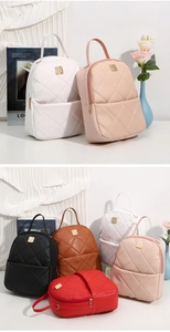 Detail of mini quilted backpacks with elegant diamond stitching and metal buckle accents