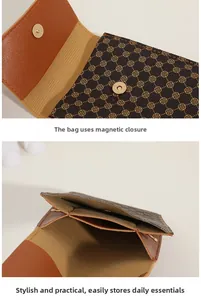 Detail view of the brown monogram crossbody bag with dual-layer storage and magnetic closure