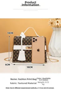 Detail showing printed chain bag dimensions 18x14x6cm and size comparison with phone