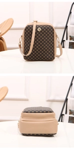 Detailed view of beige and brown crossbody phone bag with circular geometric patterns