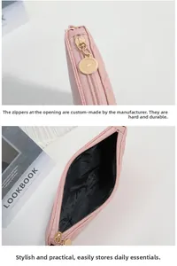 Detail of pink quilted mini bag featuring durable gold zipper and black inner lining