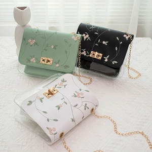 Sac Bandoulière Femme Broderie Florale Cuir PU PVC Transparent Mini Carré Chaîne Dorée Fermoir Rotatif Élégant