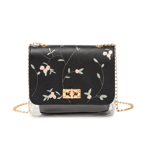 Sac bandoulière brodé floral noir avec couche en PVC transparent et chaîne dorée