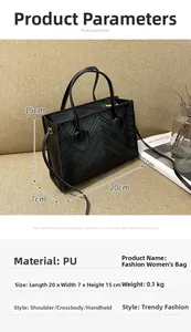 Detail view of black PU handbag with V-shaped stitching and size 20x7x15cm