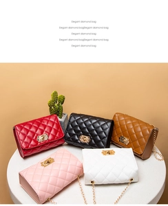 Collection of diamond quilted chain bags in red, black, brown, pink, and white leather