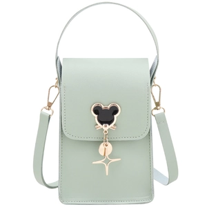 Mini light green crossbody phone bag with Mickey-style metal charm and top handle