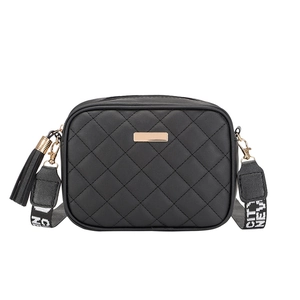 Black quilted camera bag with gold hardware and wide letter strap on white background