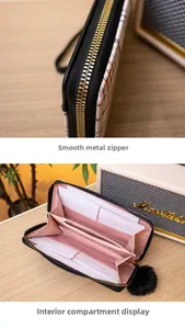 Internal view of long checkered wallet with card slots and pink zip pocket