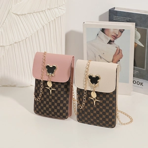 Retro printed crossbody phone bags with cartoon metal buckle and gold chain strap