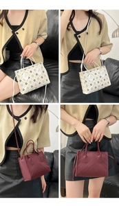 Detail view of mini embossed tote bags showing pattern textures and metal hardware