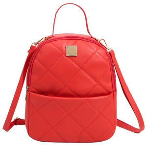 Red quilted mini backpack for women with gold hardware and adjustable straps