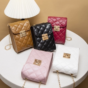 Quilted PU Leather Mini Crossbody Bag With Gold Chain Strap And Lock Closure For Women Fashion Phone Pouch