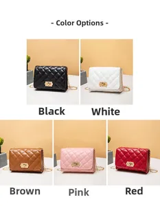Detailed grid view of quilted chain bags in black, white, brown, pink, and red