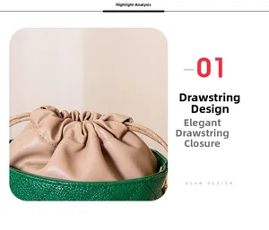 Detail of green quilted barrel bag showing the soft leather drawstring closure system