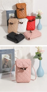 Detailed view of quilted faux leather phone bags with vintage toggle closures in various colors